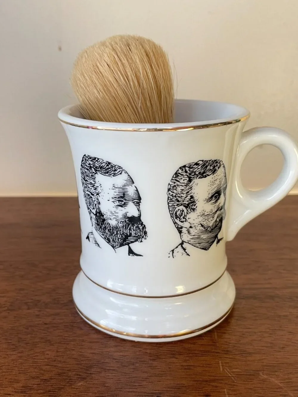 VTG Porcelain Barber's Mug Mustached Gentlemen & Shaving Brush Barbershop